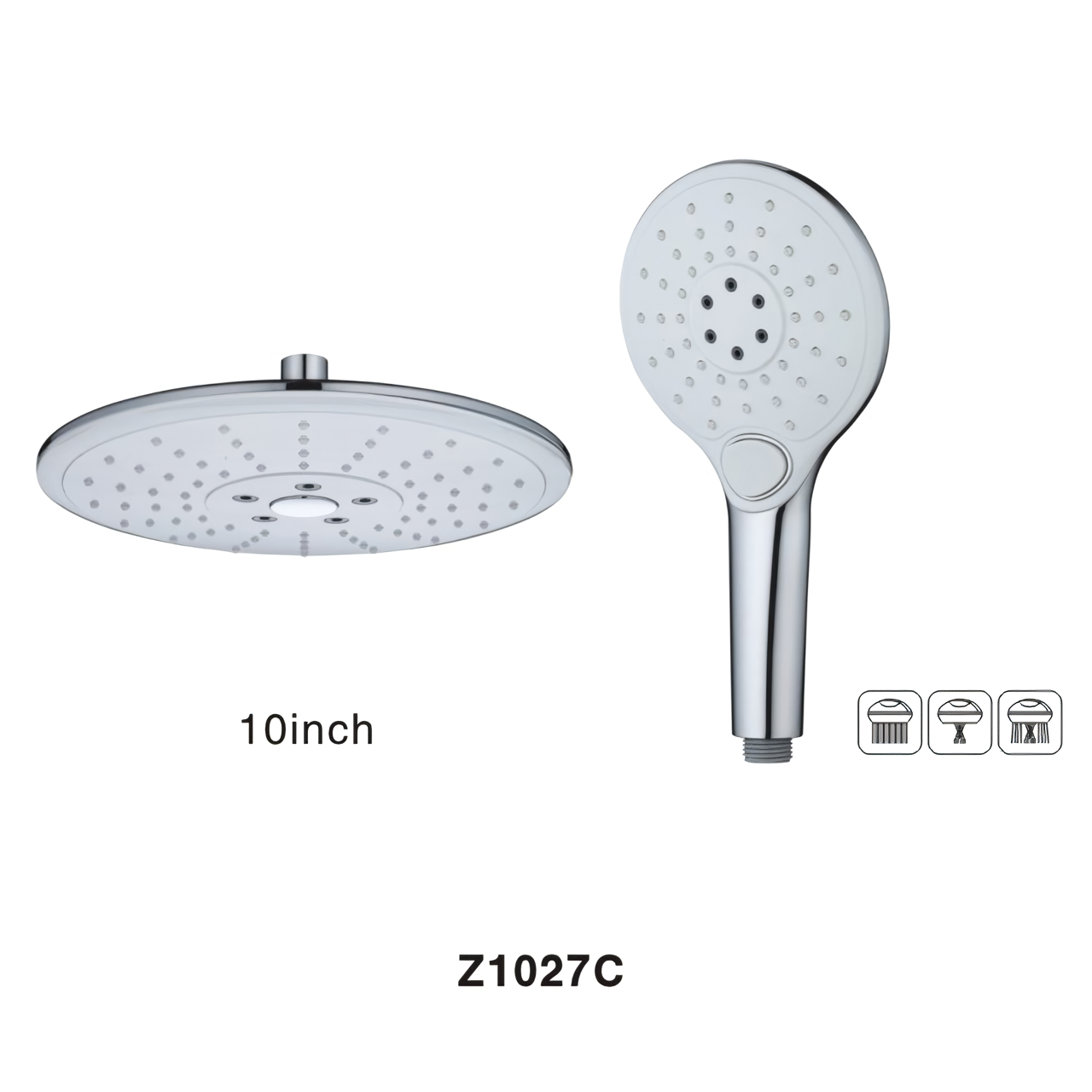 Z1027C 10 Inch Rain Silver Plastic Shower Head With 1-Min Installation 3 Setting High Pressure Plastic Hand Shower 